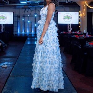 Blue Floral Tiered Maxi Dress with V-Neck